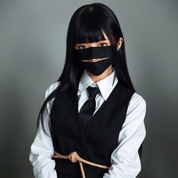 An evocative image of a girl wearing a neatly tailored, long-sleeved white shirt with a sharp black tie and a stylish black vest
