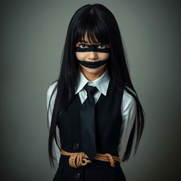 An evocative image of a girl wearing a neatly tailored, long-sleeved white shirt with a sharp black tie and a stylish black vest