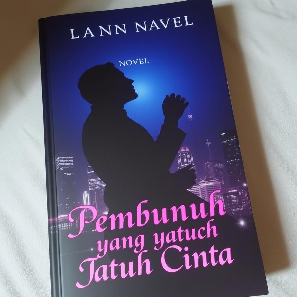 The cover of a novel titled 'Pembunuh yang Jatuh Cinta' featuring a silhouette of a man and woman embracing in a dark cityscape, where dramatic city lights serve as the background