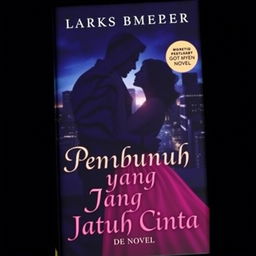 The cover of a novel titled 'Pembunuh yang Jatuh Cinta' featuring a silhouette of a man and woman embracing in a dark cityscape, where dramatic city lights serve as the background