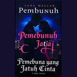 The cover of a novel titled 'Pembunuh yang Jatuh Cinta' featuring a silhouette of a man and woman embracing in a dark cityscape, where dramatic city lights serve as the background