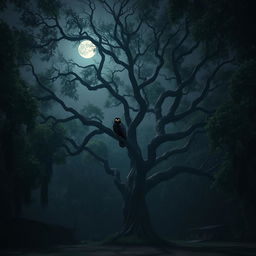 A dark, eerie night in a small Indian village surrounded by dense green trees