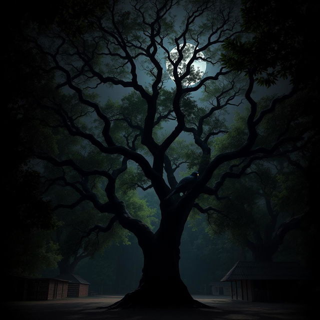 A dark, eerie night in a small Indian village surrounded by dense green trees