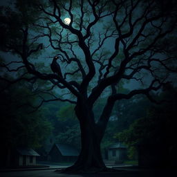A dark, eerie night in a small Indian village surrounded by dense green trees