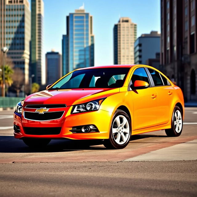 A striking and sleek Chevrolet Lacetti parked on a city street, showcasing its modern design and vibrant color