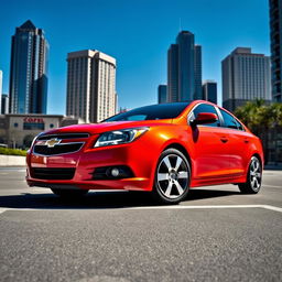 A striking and sleek Chevrolet Lacetti parked on a city street, showcasing its modern design and vibrant color