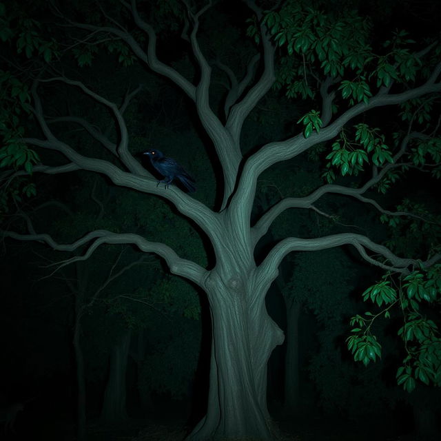 A dark, eerie night in a small Indian village surrounded by dense green trees