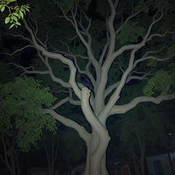 A dark, eerie night in a small Indian village surrounded by dense green trees