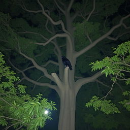 A dark, eerie night in a small Indian village surrounded by dense green trees