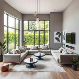 A beautifully designed modern living room featuring a sleek, minimalist aesthetic