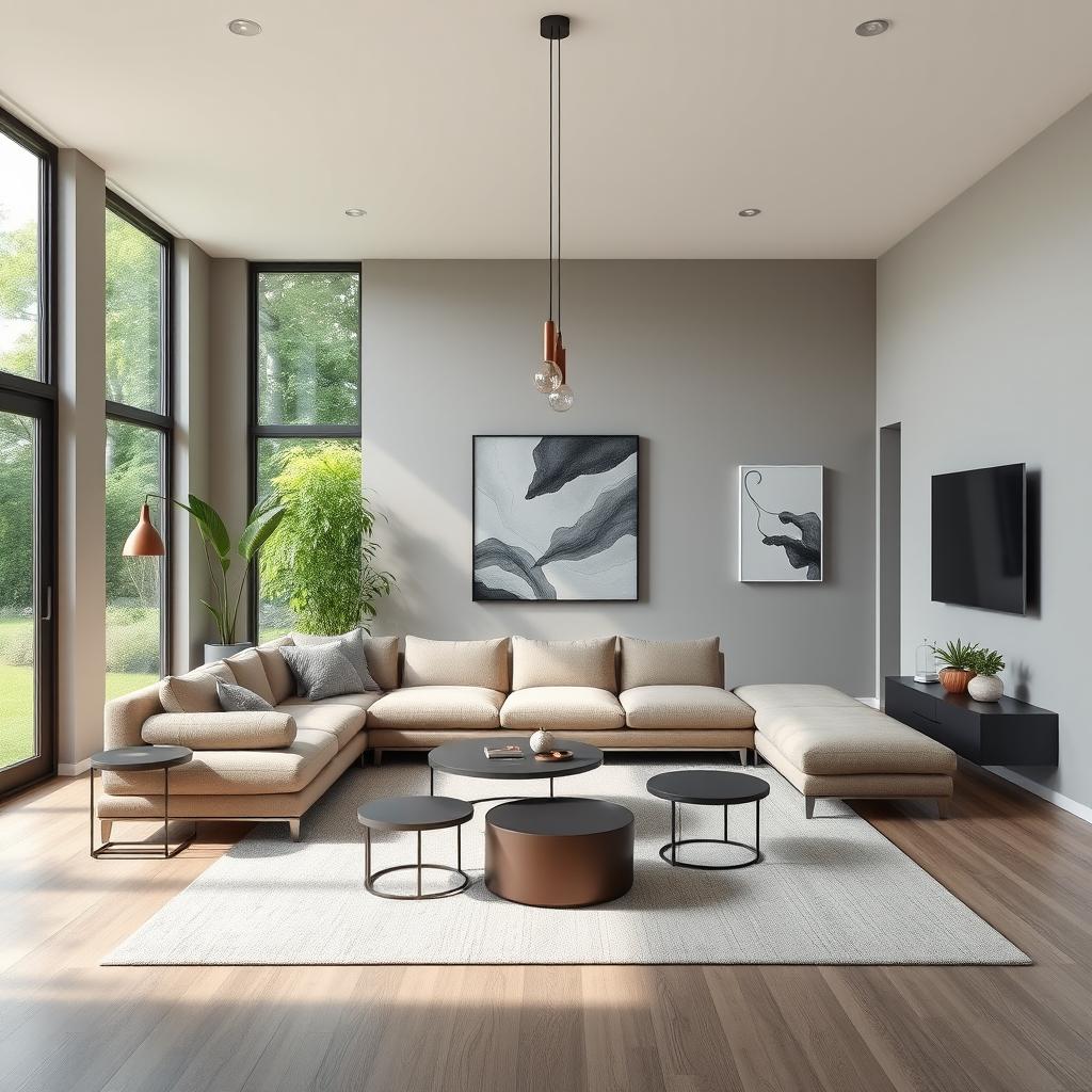 A beautifully designed modern living room featuring a sleek, minimalist aesthetic