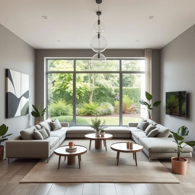 A beautifully designed modern living room featuring a sleek, minimalist aesthetic