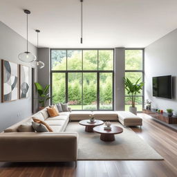 A beautifully designed modern living room featuring a sleek, minimalist aesthetic