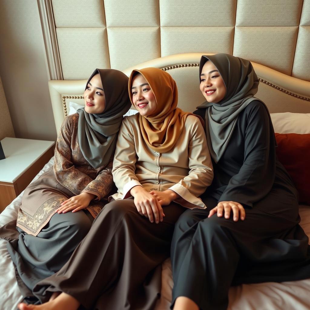 A warm and cozy hotel room with three women wearing elegant hijabs, sitting closely together on a bed