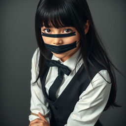 A dramatic image of a girl dressed in a neat, long-sleeved white shirt, complemented by a sleek black tie and a stylish black vest