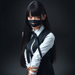 A dramatic image of a girl dressed in a neat, long-sleeved white shirt, complemented by a sleek black tie and a stylish black vest