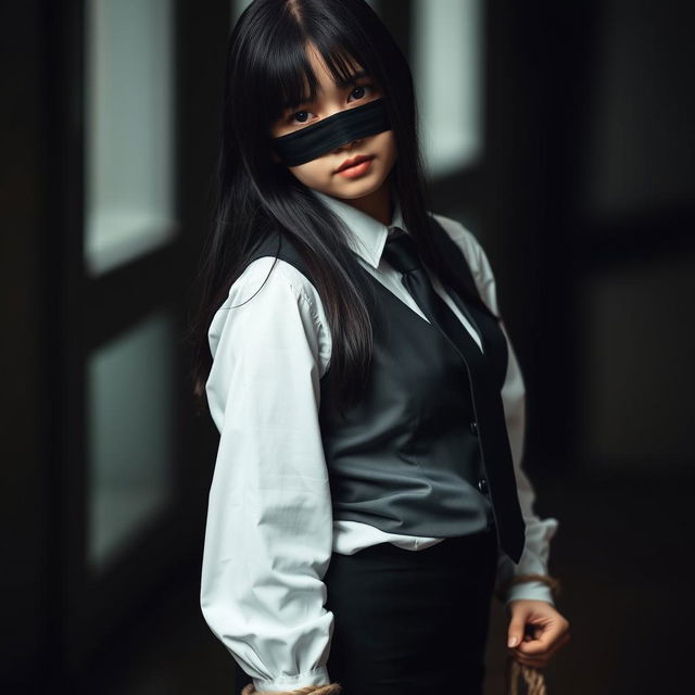 A dramatic image of a girl dressed in a neat, long-sleeved white shirt, complemented by a sleek black tie and a stylish black vest