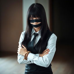 A dramatic image of a girl dressed in a neat, long-sleeved white shirt, complemented by a sleek black tie and a stylish black vest