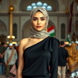 A striking portrait of a woman wearing a stylish one-shoulder top complemented by a hijab with Islamic motifs, standing confidently in front of a vibrant crowd in a mosque setting