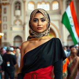 A striking portrait of a woman wearing a stylish one-shoulder top complemented by a hijab with Islamic motifs, standing confidently in front of a vibrant crowd in a mosque setting
