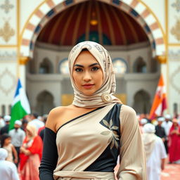 A striking portrait of a woman wearing a stylish one-shoulder top complemented by a hijab with Islamic motifs, standing confidently in front of a vibrant crowd in a mosque setting