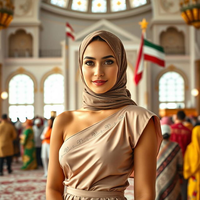 A striking portrait of a woman wearing a stylish one-shoulder top complemented by a hijab with Islamic motifs, standing confidently in front of a vibrant crowd in a mosque setting