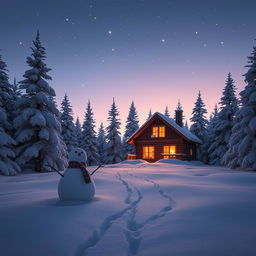 A serene winter landscape featuring a cozy cabin, surrounded by snow-covered pine trees