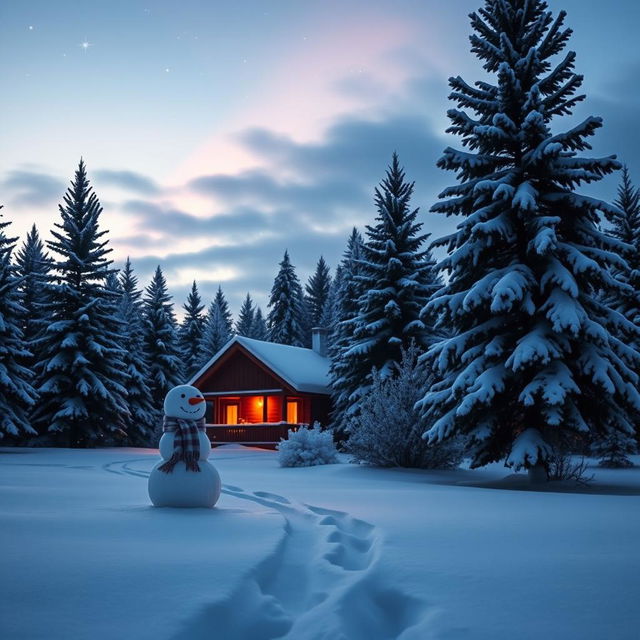 A serene winter landscape featuring a cozy cabin, surrounded by snow-covered pine trees