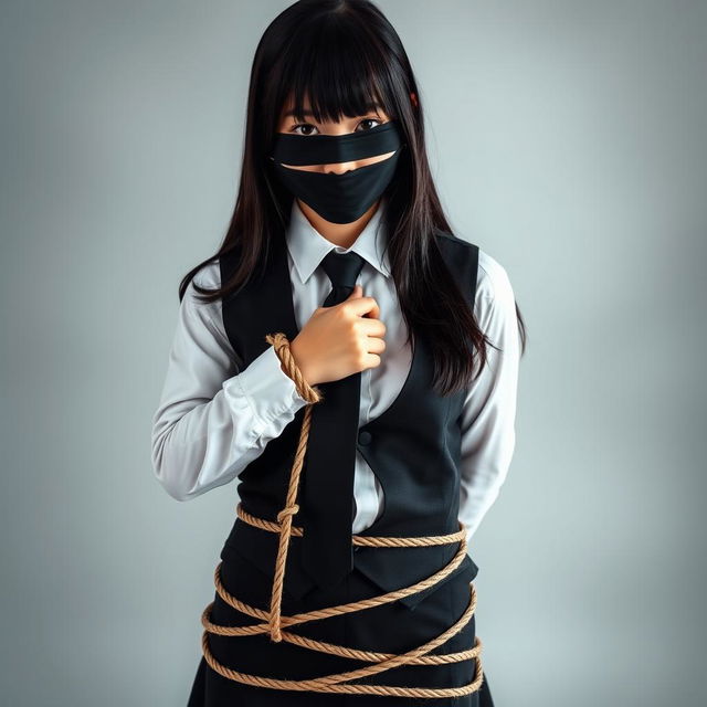 A striking image of a girl dressed in a neatly pressed, long-sleeved white shirt with a sophisticated black tie and a fitted black vest