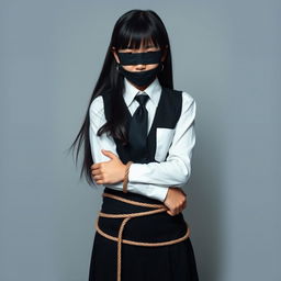 A striking image of a girl dressed in a neatly pressed, long-sleeved white shirt with a sophisticated black tie and a fitted black vest