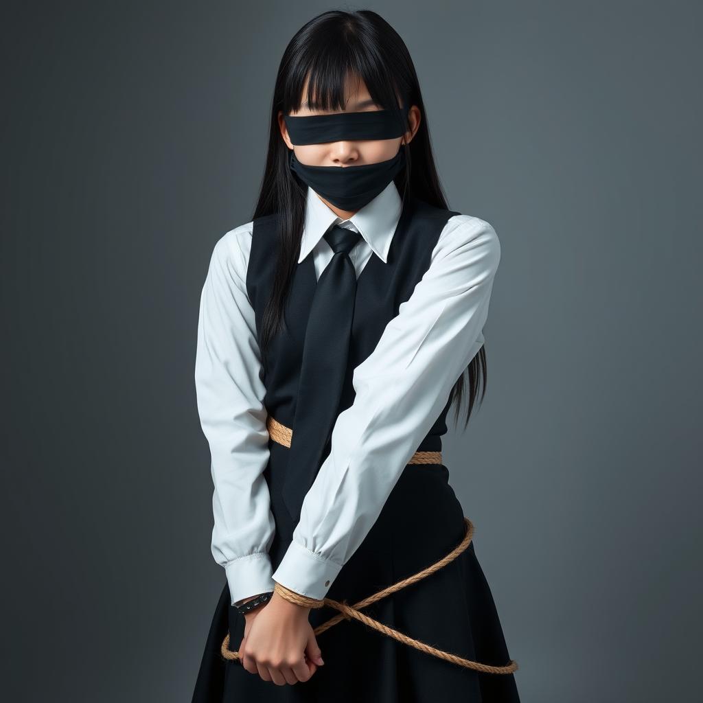 A striking image of a girl dressed in a neatly pressed, long-sleeved white shirt with a sophisticated black tie and a fitted black vest