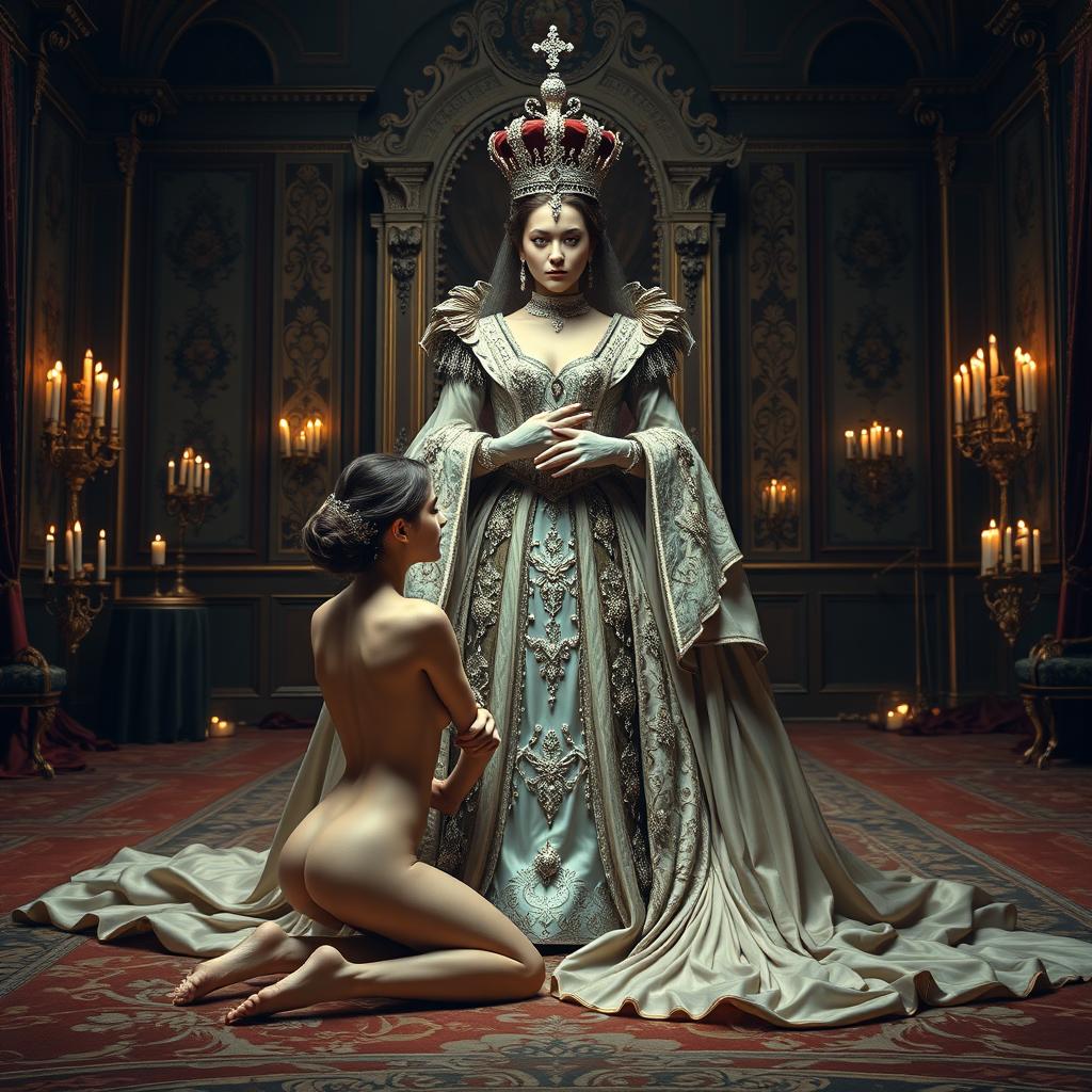 A beautiful scene depicting a naked woman on her knees, showing vulnerability and reverence in front of a majestic queen