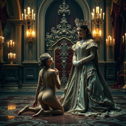A beautiful scene depicting a naked woman on her knees, showing vulnerability and reverence in front of a majestic queen