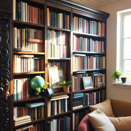 A beautifully arranged bookshelf filled with a diverse collection of books in various colors and sizes