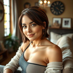 A 24-year-old woman with a slightly curvy figure, short brown hair, and captivating brown eyes, posing in her cozy home