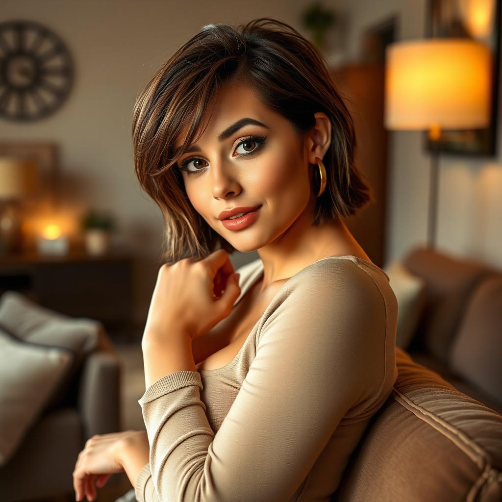 A 24-year-old woman with a slightly curvy figure, short brown hair, and captivating brown eyes, posing in her cozy home