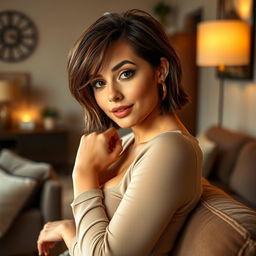 A 24-year-old woman with a slightly curvy figure, short brown hair, and captivating brown eyes, posing in her cozy home