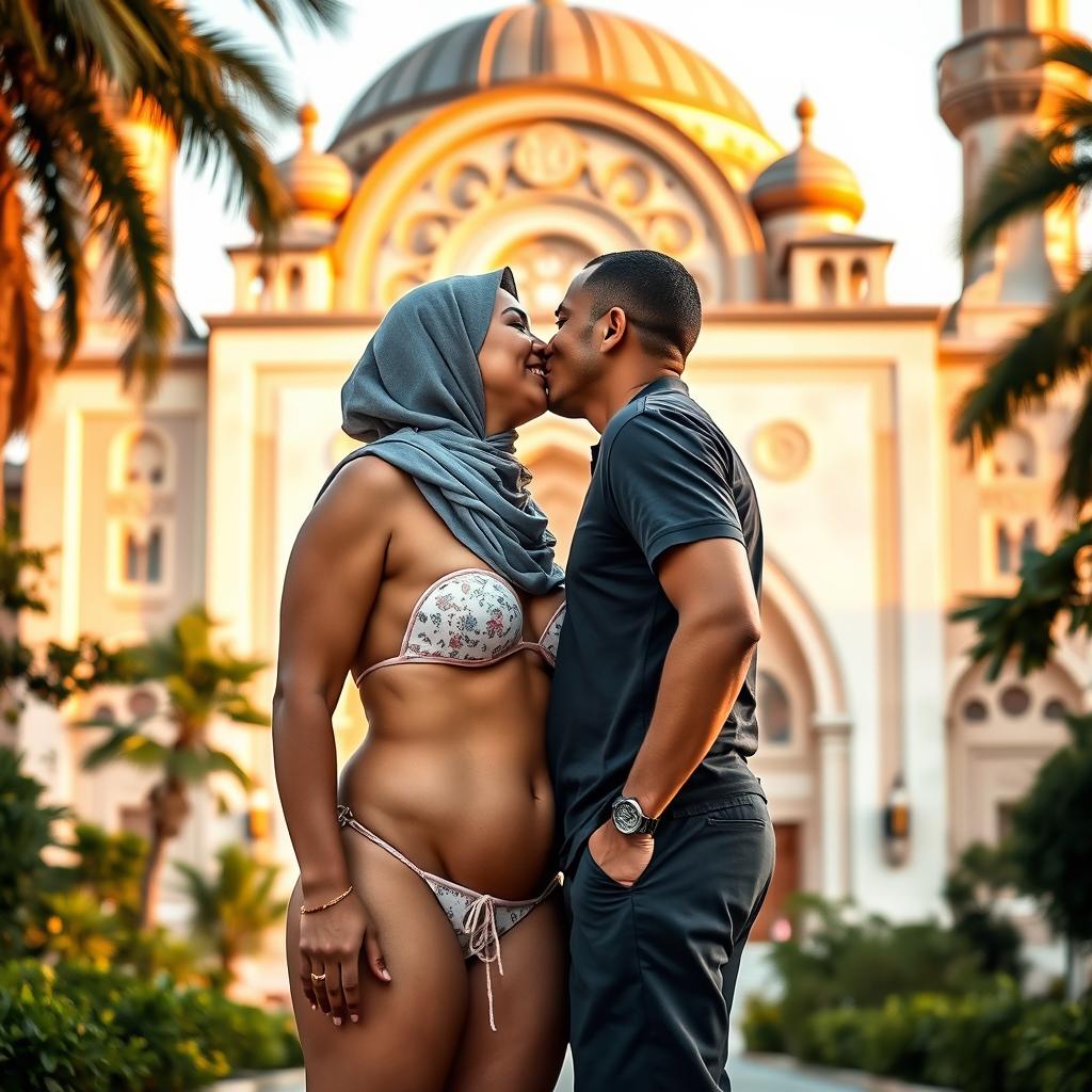 A curvy, fit woman wearing a stylish bikini and hijab stands in front of a beautiful mosque, sharing a tender kiss with a man