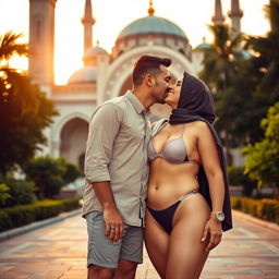 A curvy, fit woman wearing a stylish bikini and hijab stands in front of a beautiful mosque, sharing a tender kiss with a man