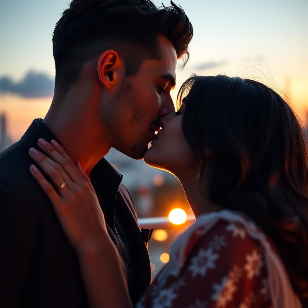 A romantic scene featuring a passionate kiss between a handsome man and Mia Khalifa