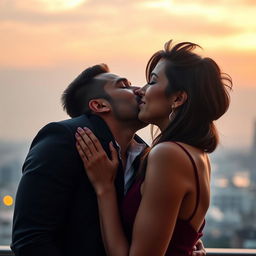 A romantic scene featuring a passionate kiss between a handsome man and Mia Khalifa