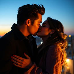 A romantic scene featuring a passionate kiss between a handsome man and Mia Khalifa