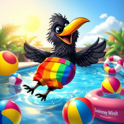 A whimsical scene featuring a crow happily floating in an inviting swimming pool