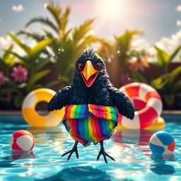 A whimsical scene featuring a crow happily floating in an inviting swimming pool