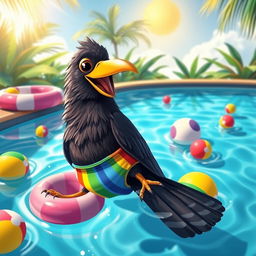 A whimsical scene featuring a crow happily floating in an inviting swimming pool