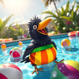 A whimsical scene featuring a crow happily floating in an inviting swimming pool