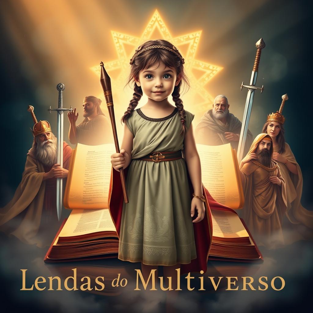 A captivating book cover for 'Lendas do Multiverso', featuring a young girl as the main character