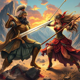A dynamic battle scene depicting Siavash and Gordafarid from the Shahnameh, showcasing the intensity of their confrontation