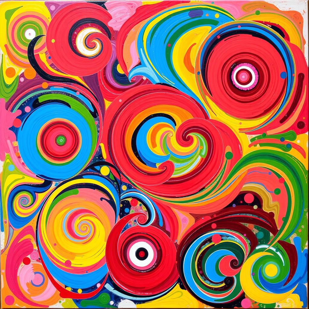 A vibrant, colorful abstract painting featuring swirling patterns and dynamic shapes that evoke a sense of movement and energy