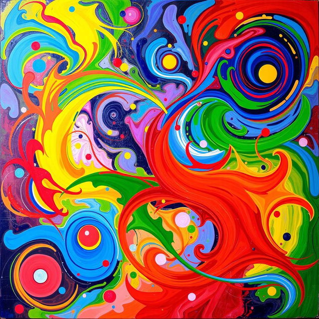 A vibrant, colorful abstract painting featuring swirling patterns and dynamic shapes that evoke a sense of movement and energy